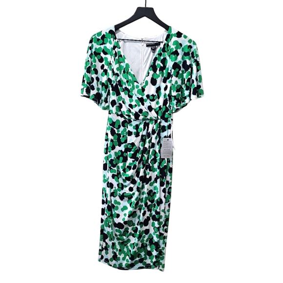 NWT MAGGY LONDON Faux Wrap Midi Dress In Soft White/ Jade - Picture 1 of 7